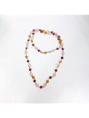 Vintage Monet Swarovski Bezel Set Crystals Gold Tone Necklace Pink Amber Clear